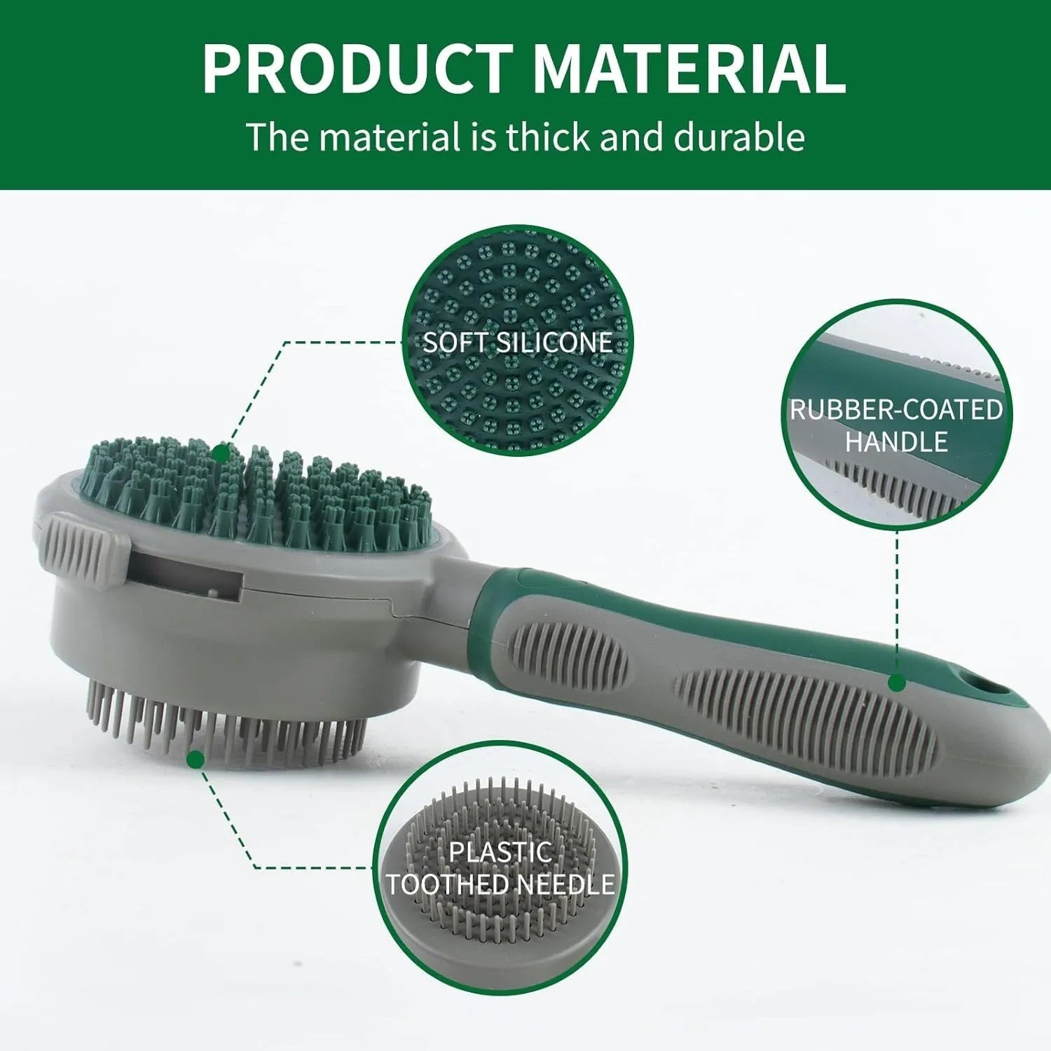 Green and pink two-sided silicone cat grooming brush with retractable slicker and massage pins