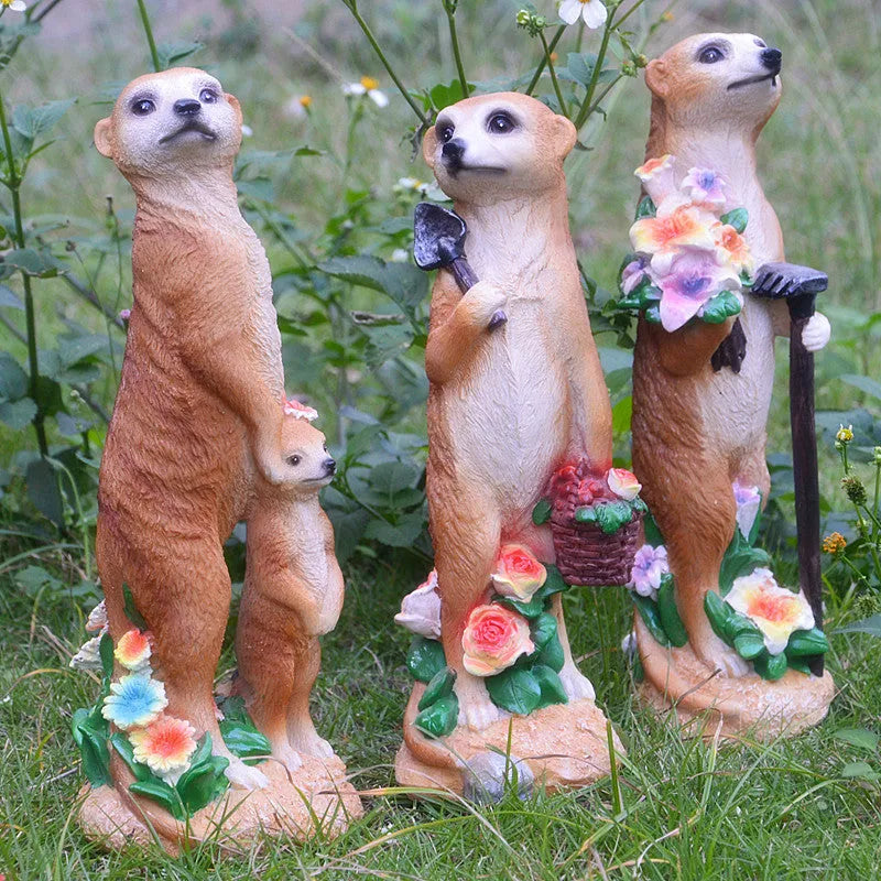 Three yellow-brown straw hat mongoose resin ornaments for bonsai gardening decoration