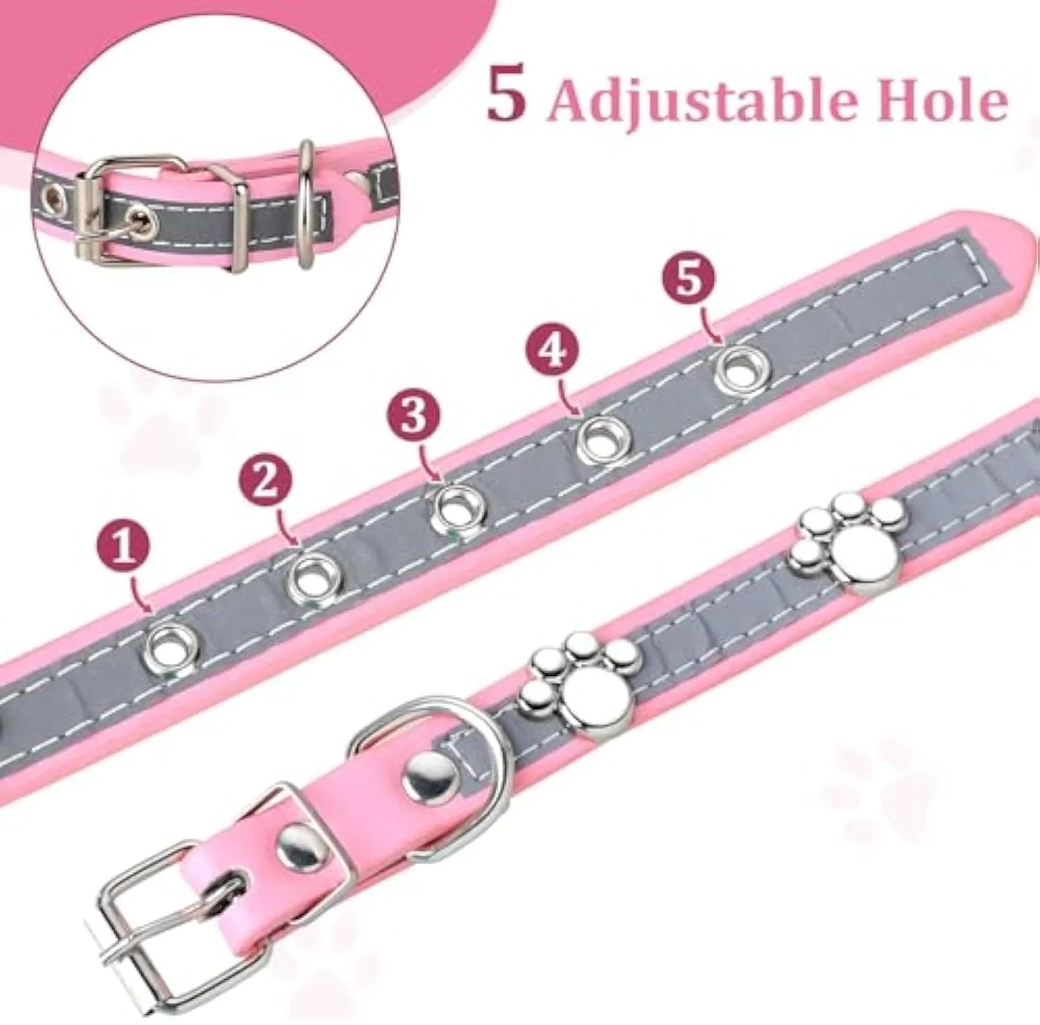 Reflective brown PU leather dog collar with metal buckle and decorative paw-shaped rivet.