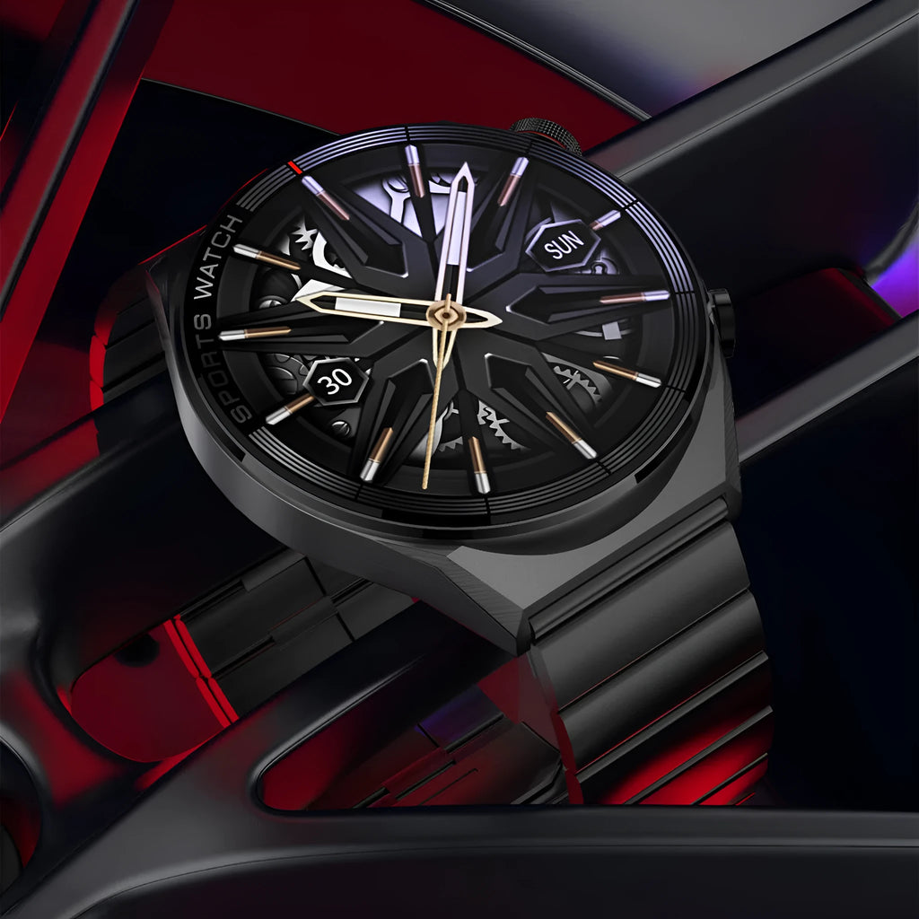 Large screen Bluetooth smart watch with call function shown in black or silver with leather, silicone, and steel strap options.