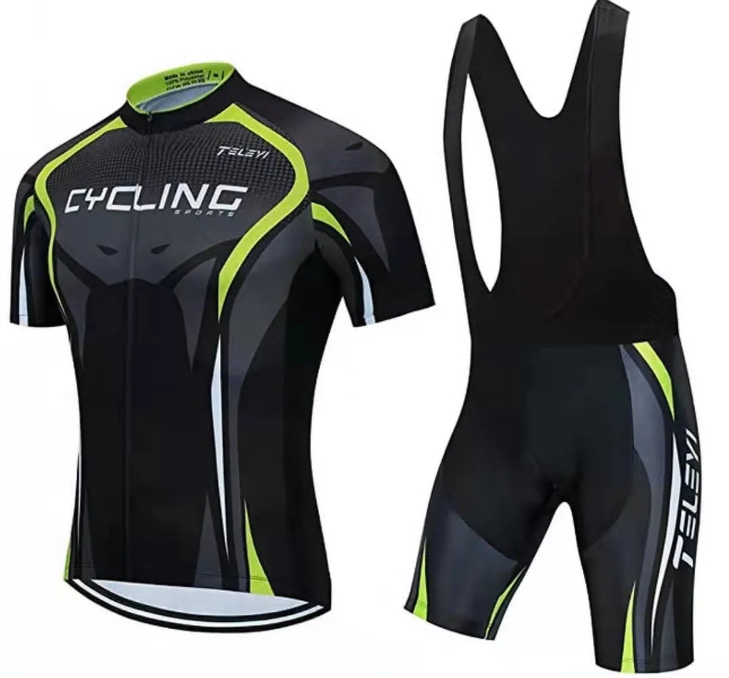 Cycling jersey set showing short sleeve moisture absorbing top and matching pants for summer biking.