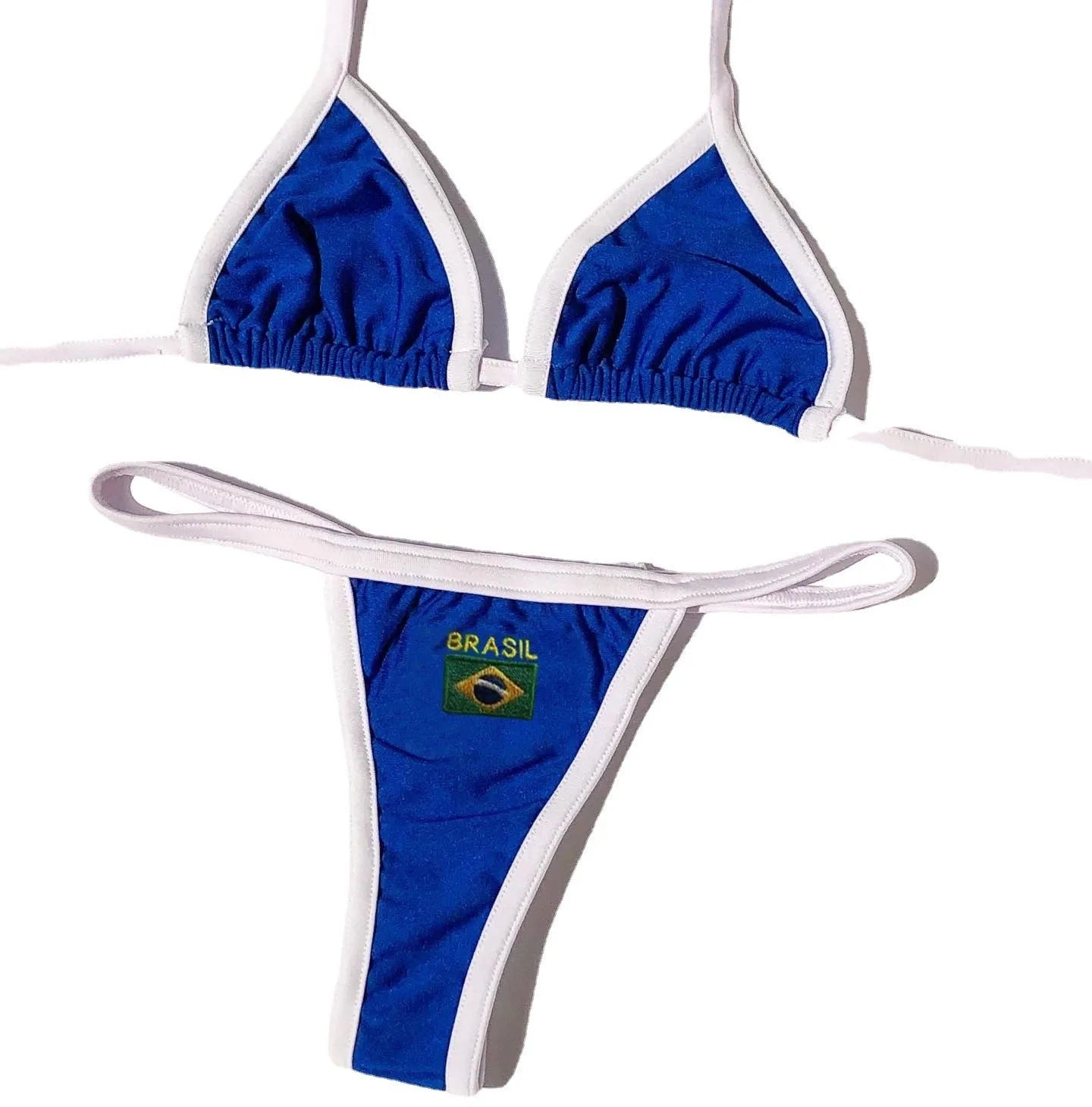 Women's polyester bikini set with T-back bra and shorts in blue, green, and yellow colours
