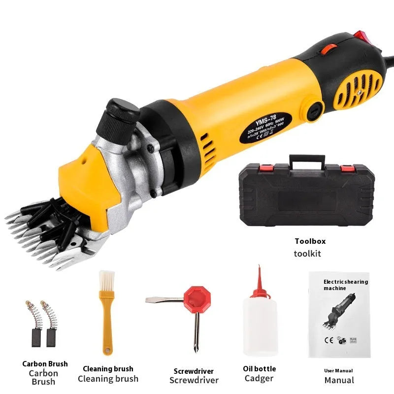 Yellow electric wool shears with 13-tooth straight blade and multiple accessory sets