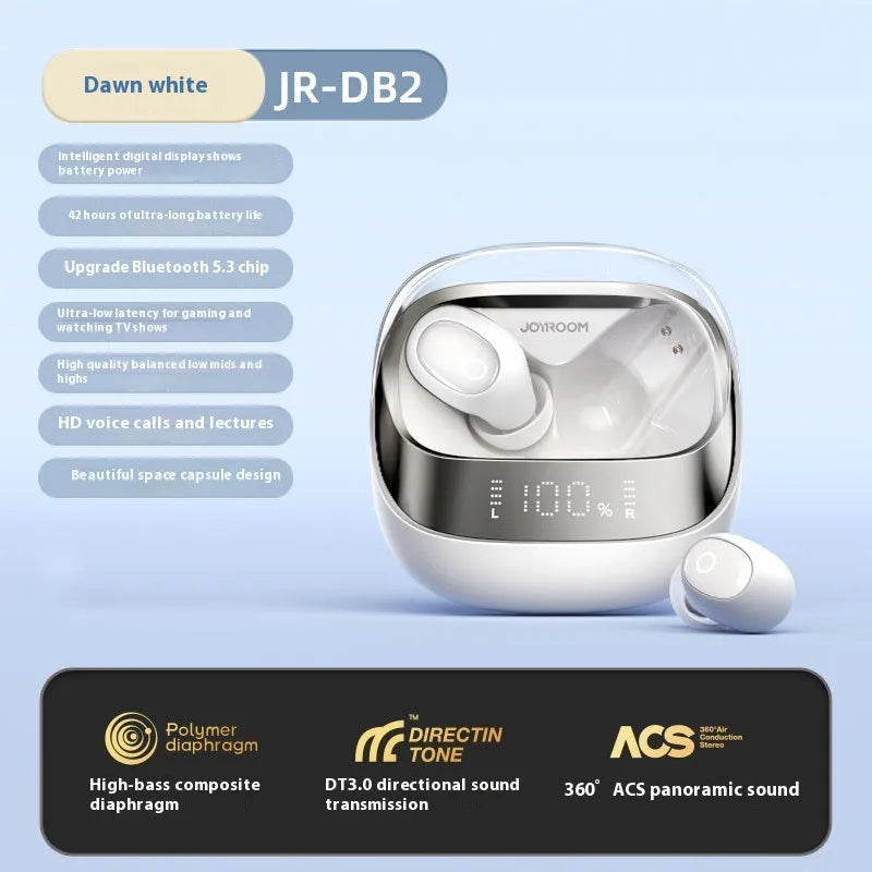 Wireless Bluetooth in-ear headphones with a compact white charging case on a table.