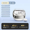 Wireless Bluetooth in-ear headphones with a compact white charging case on a table.