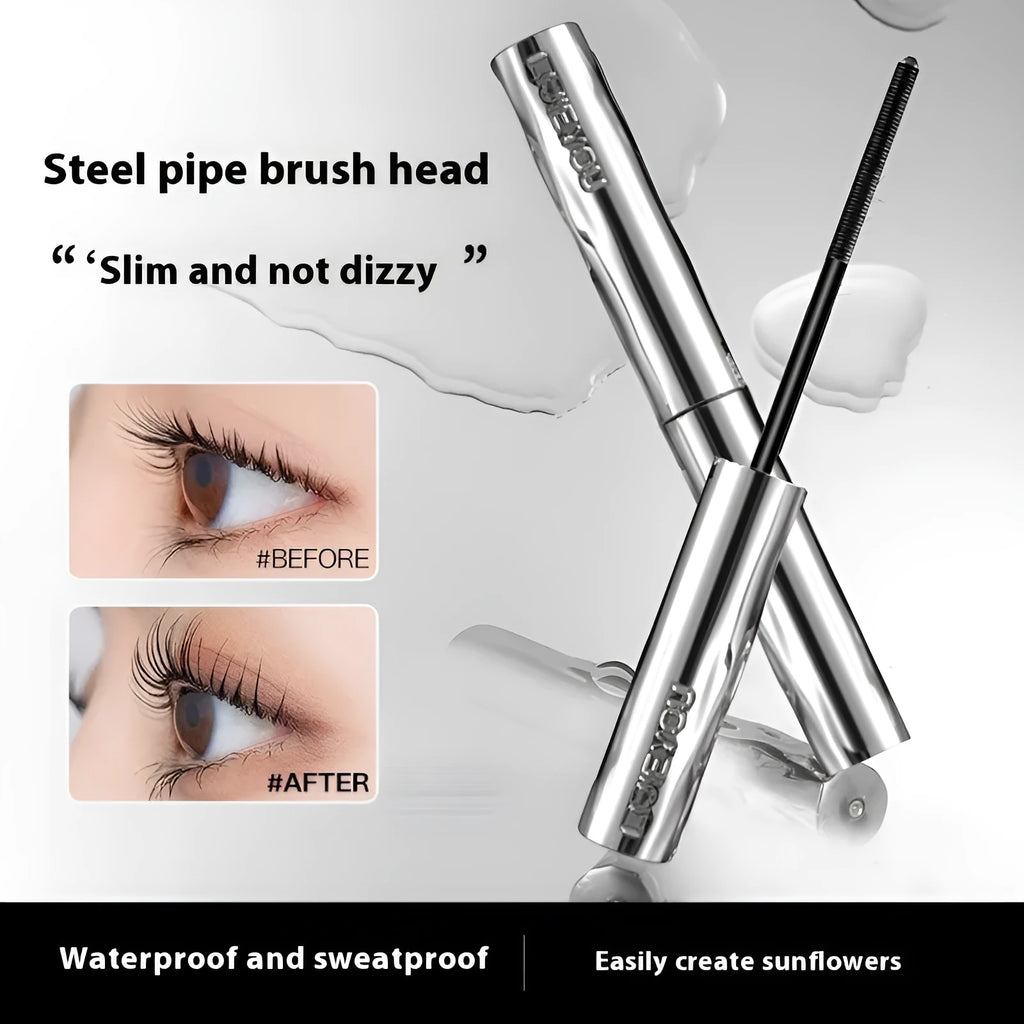 Waterproof mascara in steel tube with black and brown colour options shown with eyelash curler