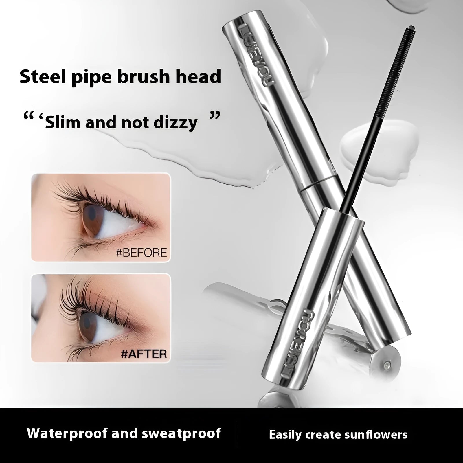 Waterproof mascara in steel tube with black and brown colour options shown with eyelash curler