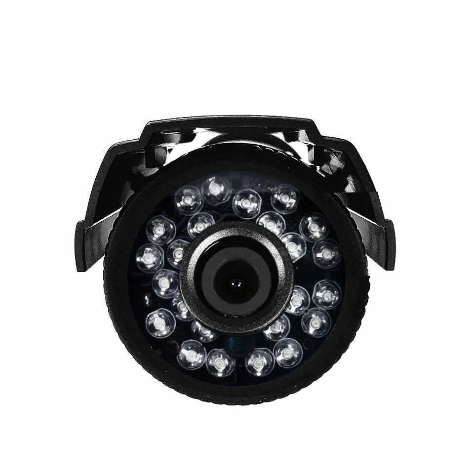 Black HD waterproof outdoor security camera with infrared night vision.