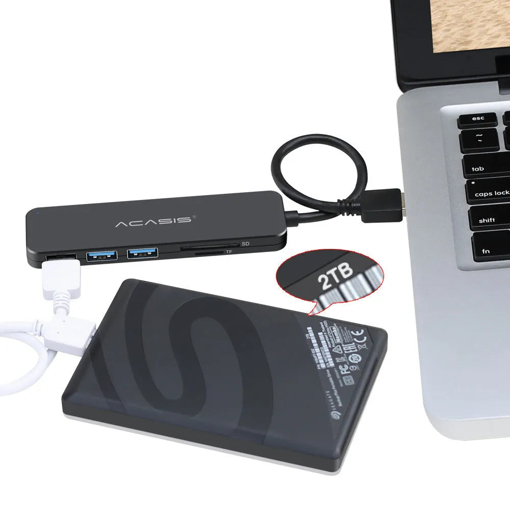 Black USB hub card reader with 5Gbps speed and memory card slot on a desk