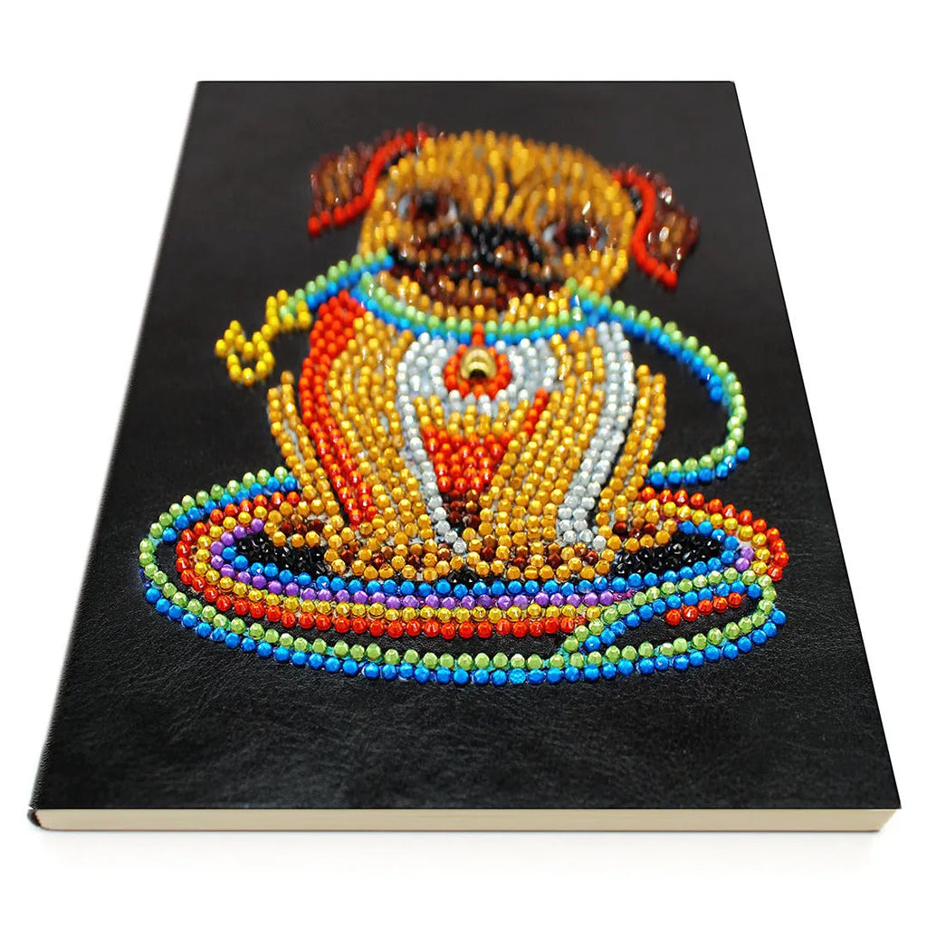 Black A5 diamond painting notebook showing dimensions and 50 blank pages for custom craft projects