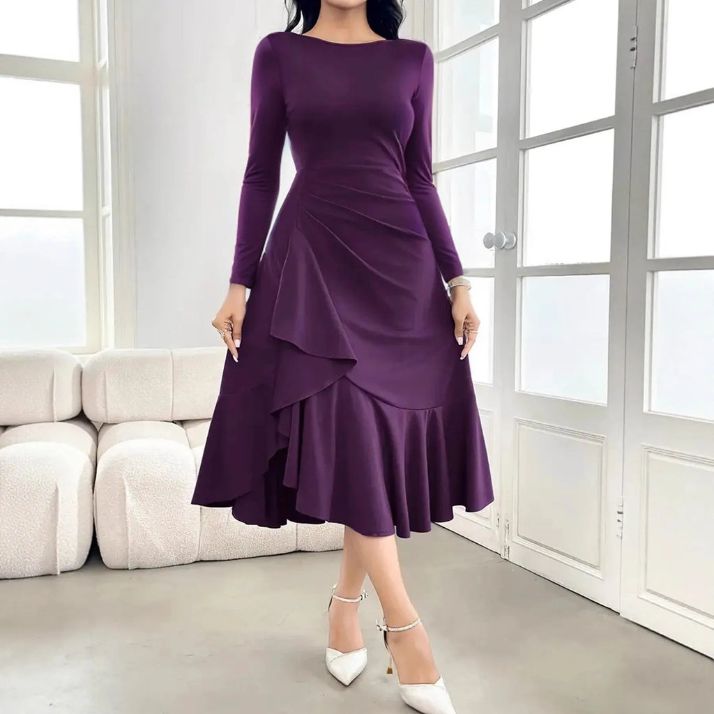 Purple women's long sleeve dress with round neck and ruffle details