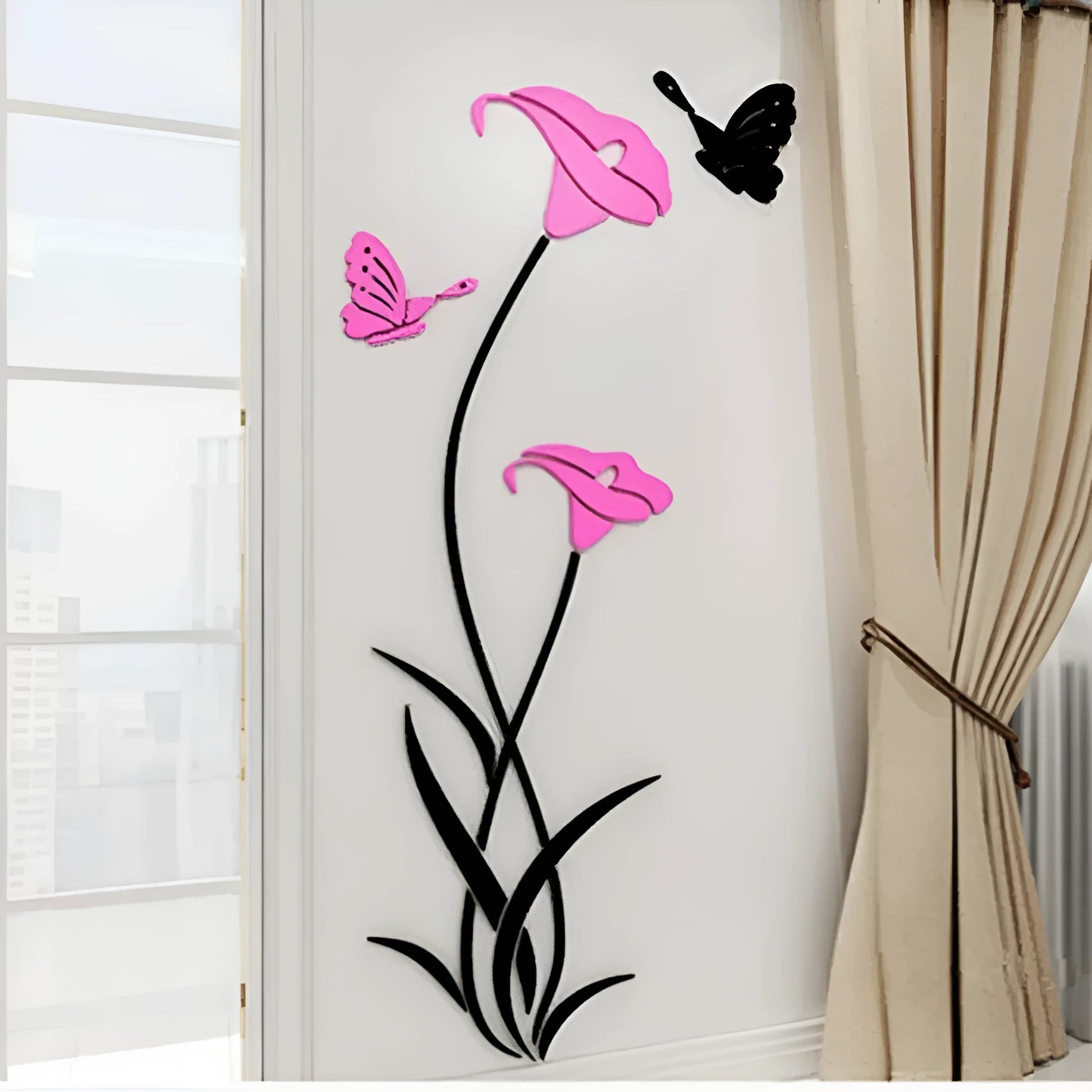 3D lily acrylic wall sticker in pink colour showing dimensional floral design