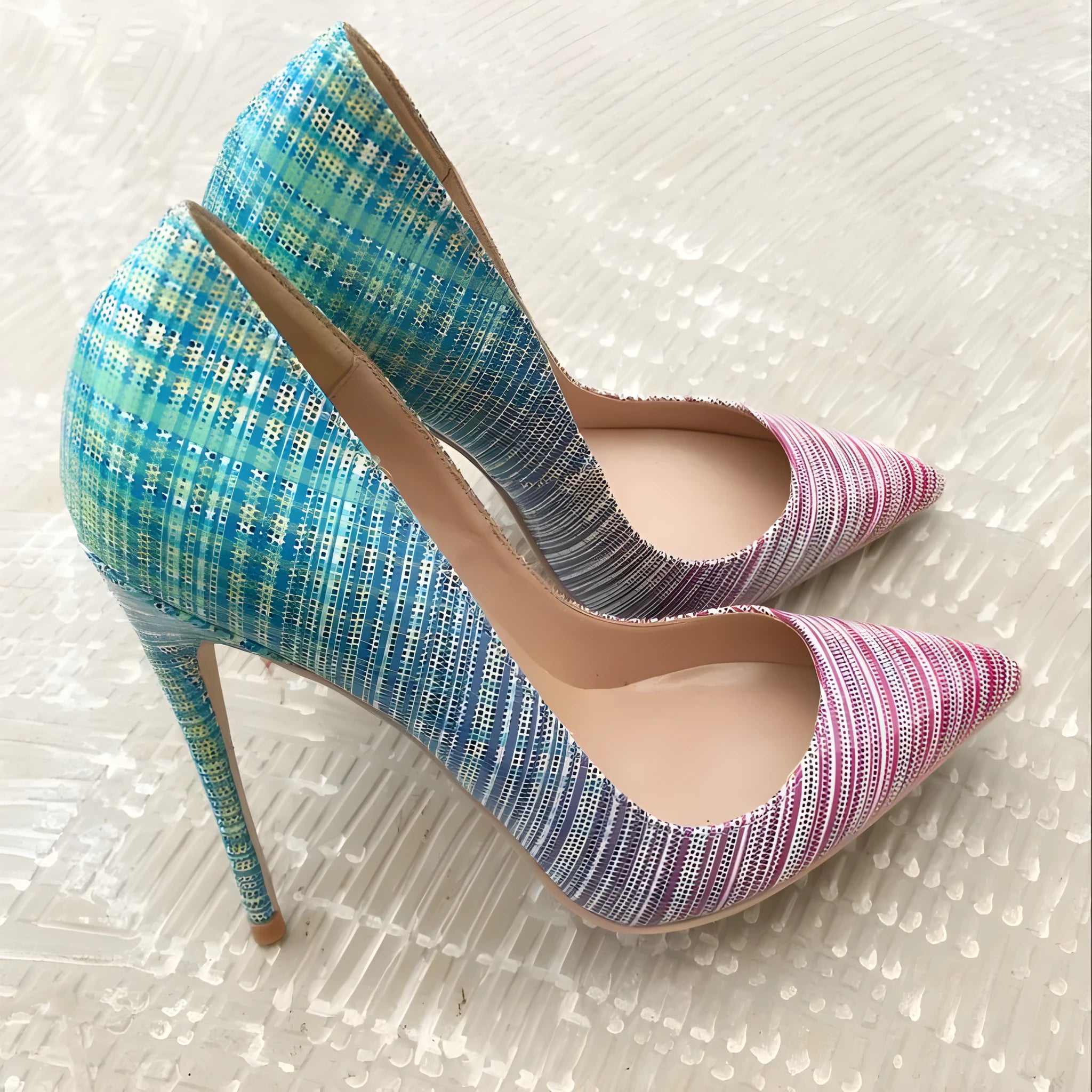 Pink blue gradient patent leather ladies heels with pointed toe and super high heel