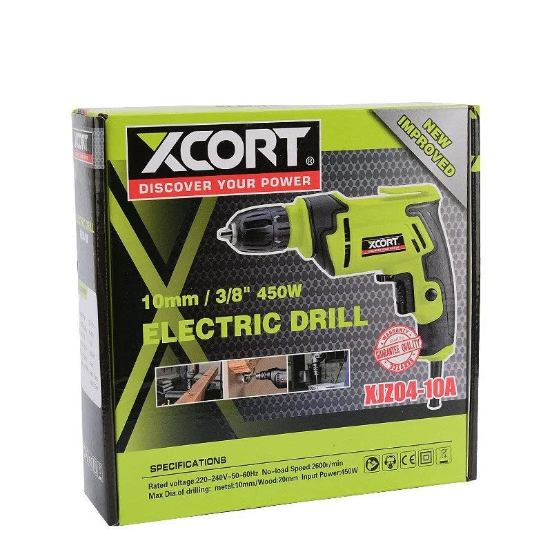 Pistol grip high-power 450W electric drill with a 10mm chuck on a workbench.