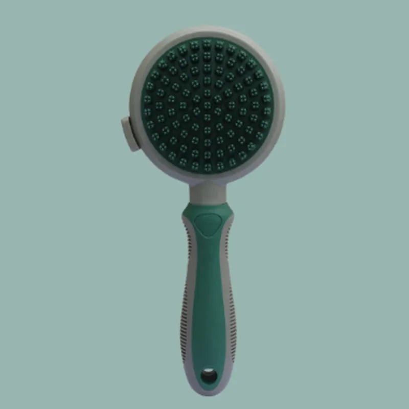 Green and pink two-sided silicone cat grooming brush with retractable slicker and massage pins