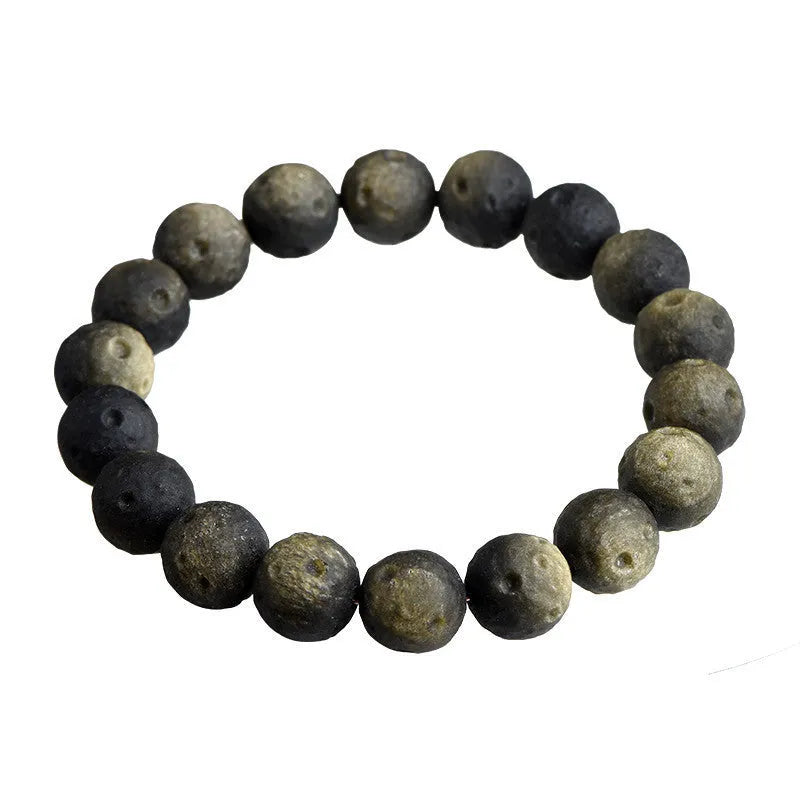 Natural obsidian crater ball bracelet with meteorite texture in silver or gold finish