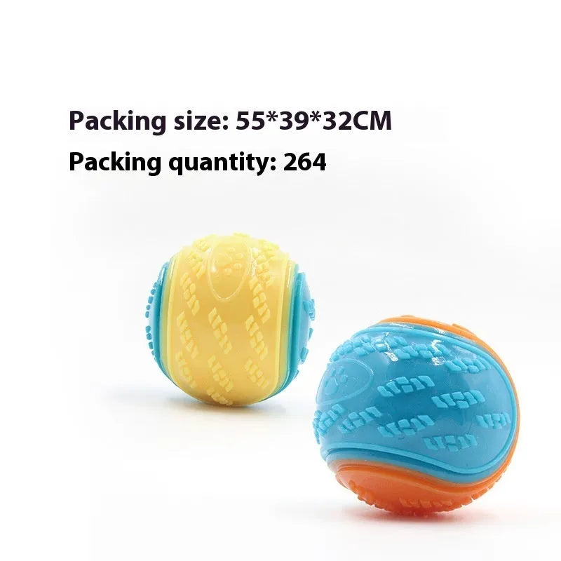 TPR rubber dog ball with molar texture, 6.5cm diameter, showing colour options including luminous variant