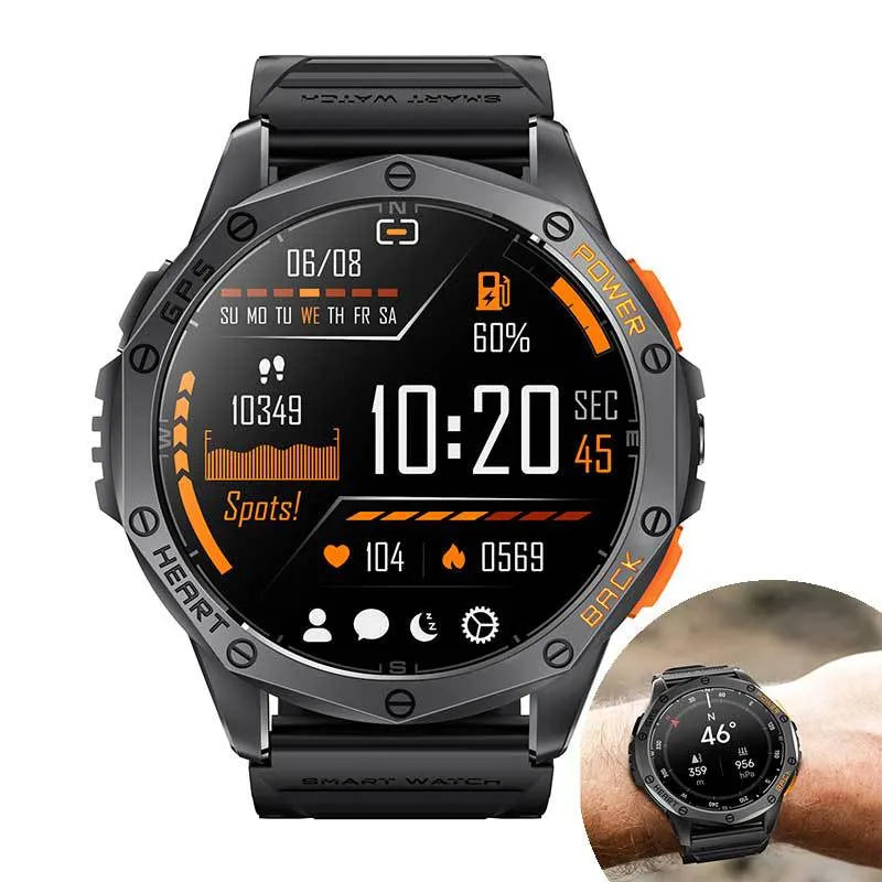 K67 AMOLED smart watch with metal body, Bluetooth calling, and compass displayed in black colour