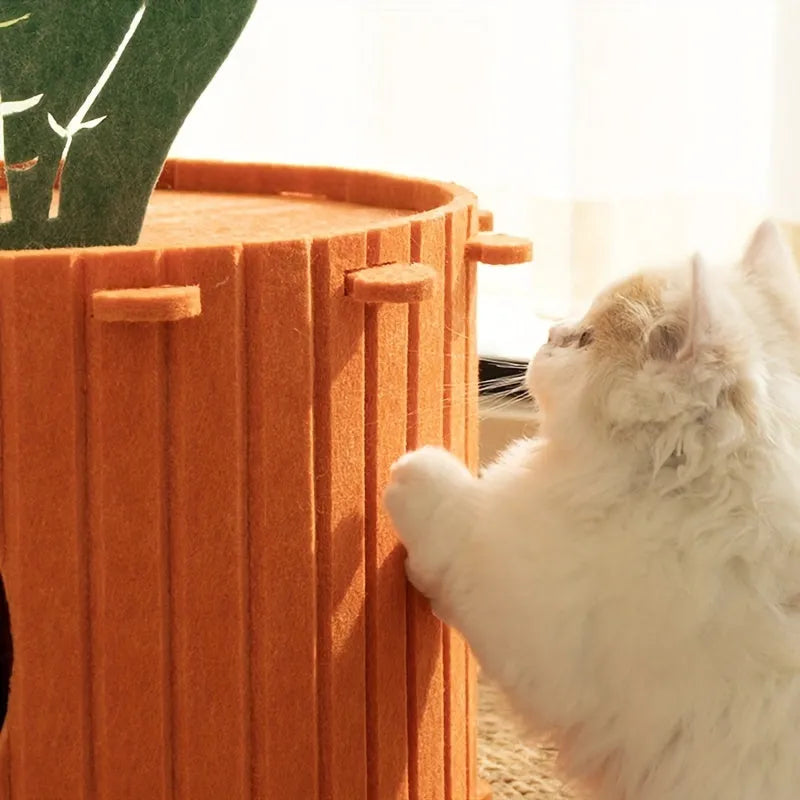 Handmade felt cat nest tunnel with semi-enclosed design and drilled openings, shown in M and L sizes