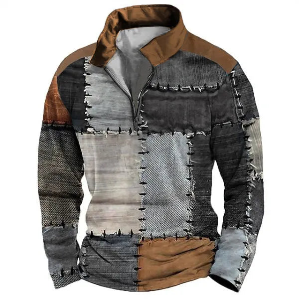 Men's loose fit long sleeve t-shirt with retro stripe printing and zipper detail.