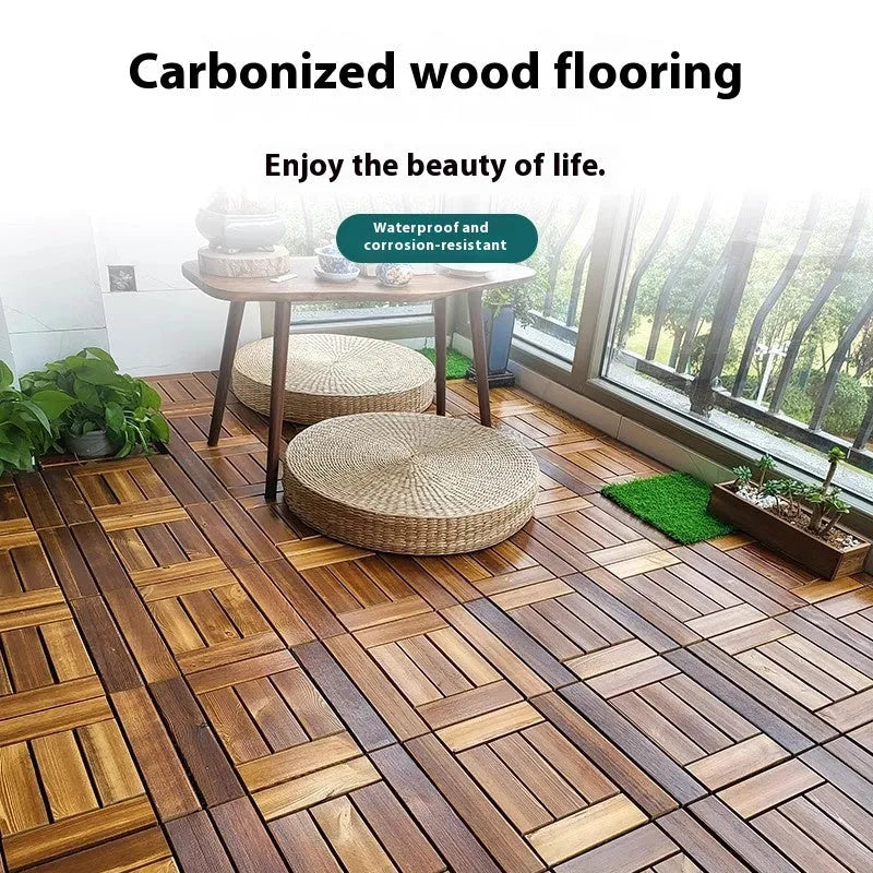 Square pine wood floor tile for balcony or indoor use, measuring 30cm.
