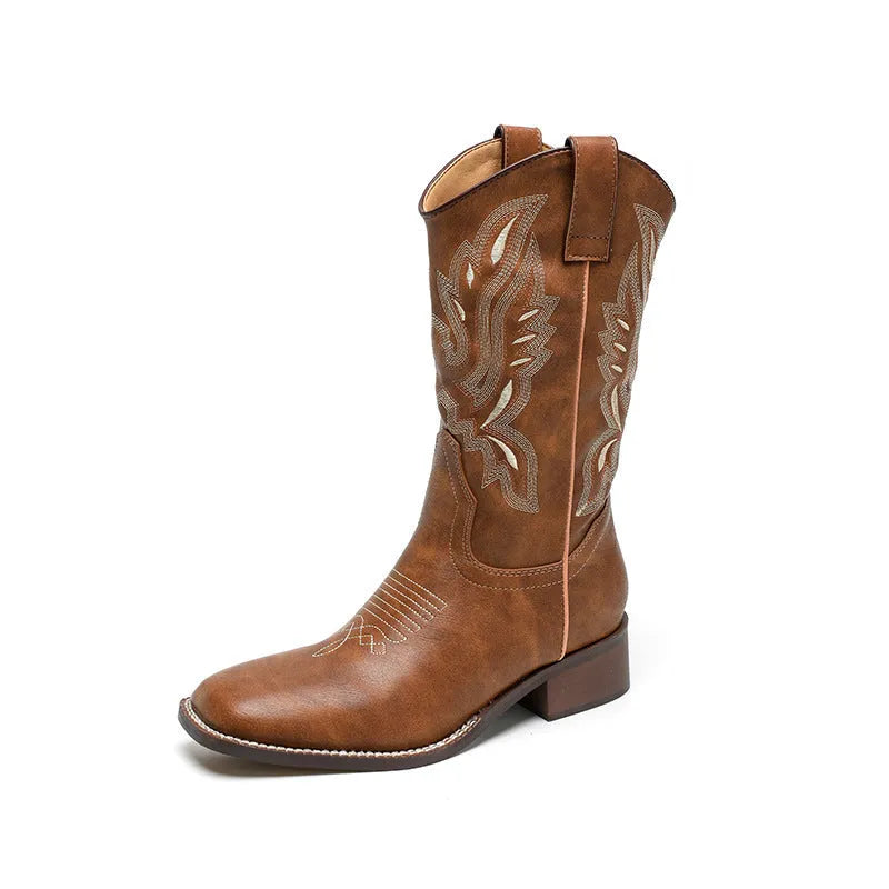 Brown women's embroidered Martin boots with mid-calf height, leather lining and square heel