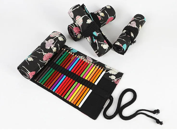 Square canvas pencil case with ballet girl print, showing elastic loops inside for organising pencils.