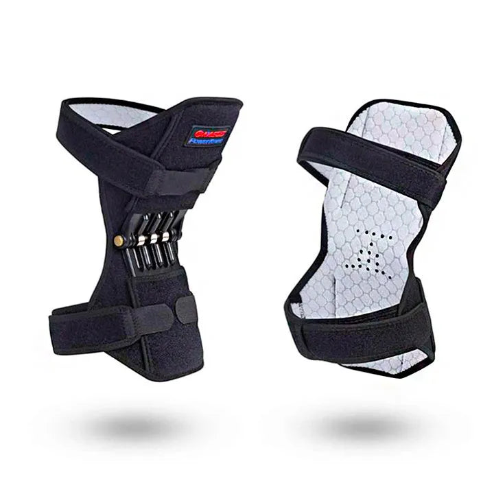 Black spring knee brace with adjustable straps on a grey background