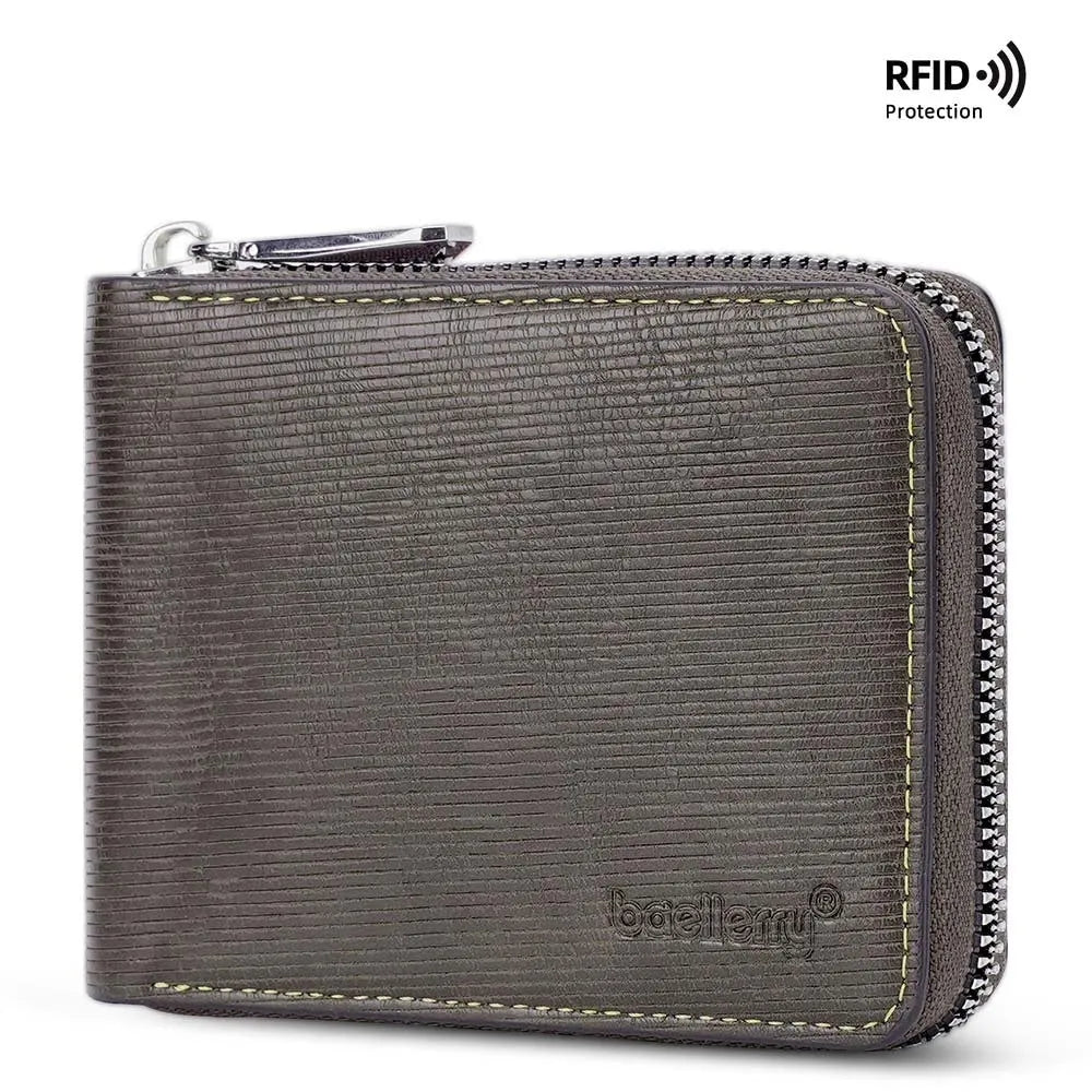 Leather anti-theft credit card zipper wallet with embossed pattern in black or brown colours