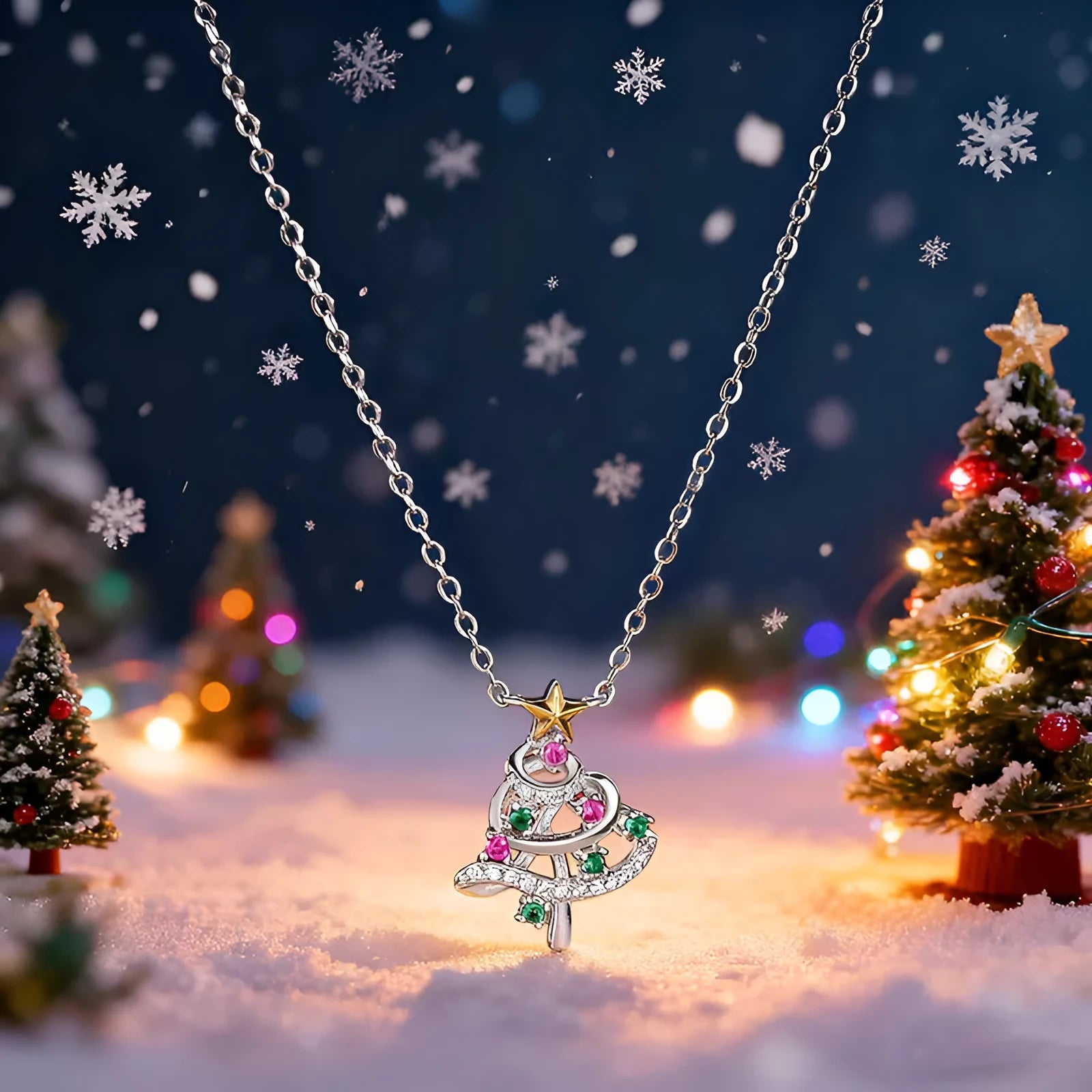 Women's two-tone copper inlaid zircon star and snowflake pendant necklace on adjustable O-ring chain