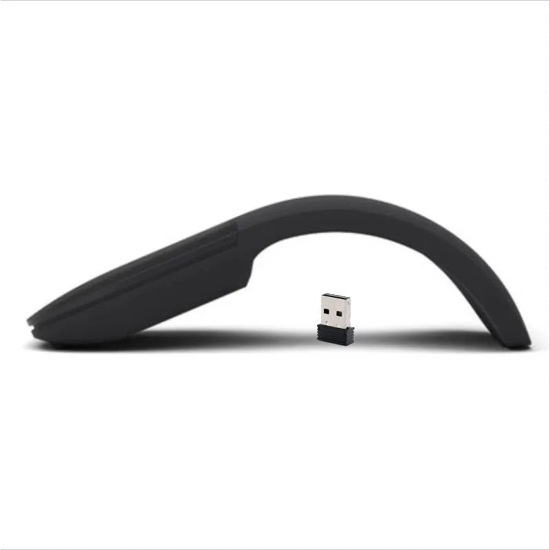 Folding wireless Bluetooth mouse showing compact design with touch surface and portable folded position