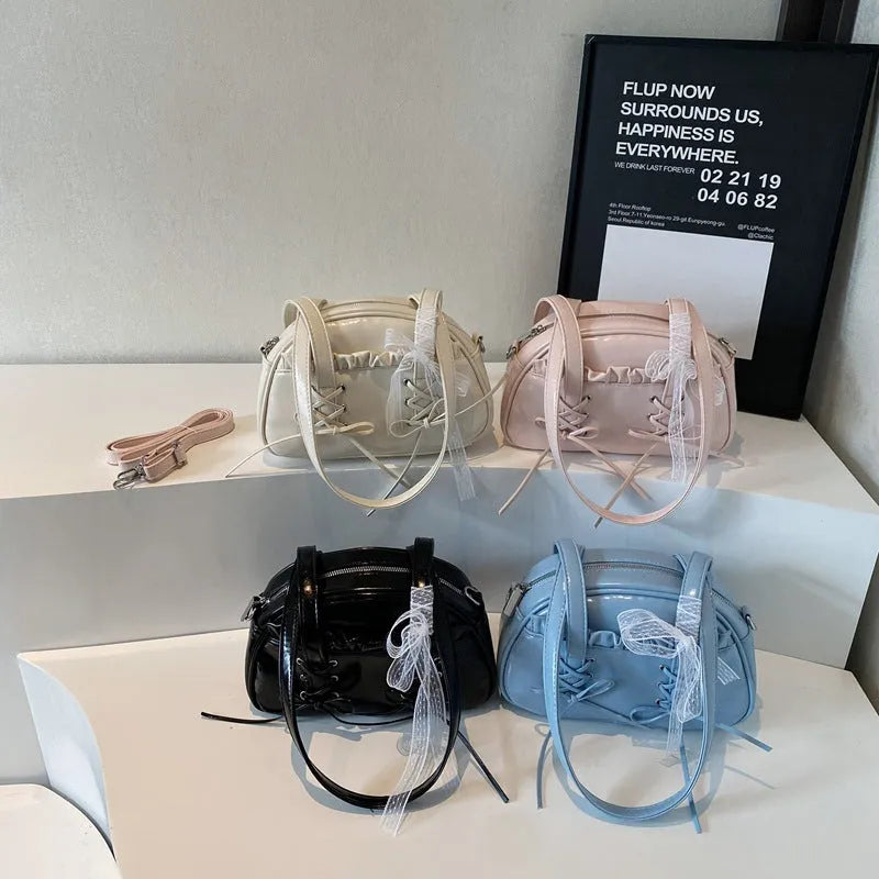 Casual ladies shoulder handbag with bandage bow detail and mobile phone pocket in PU leather
