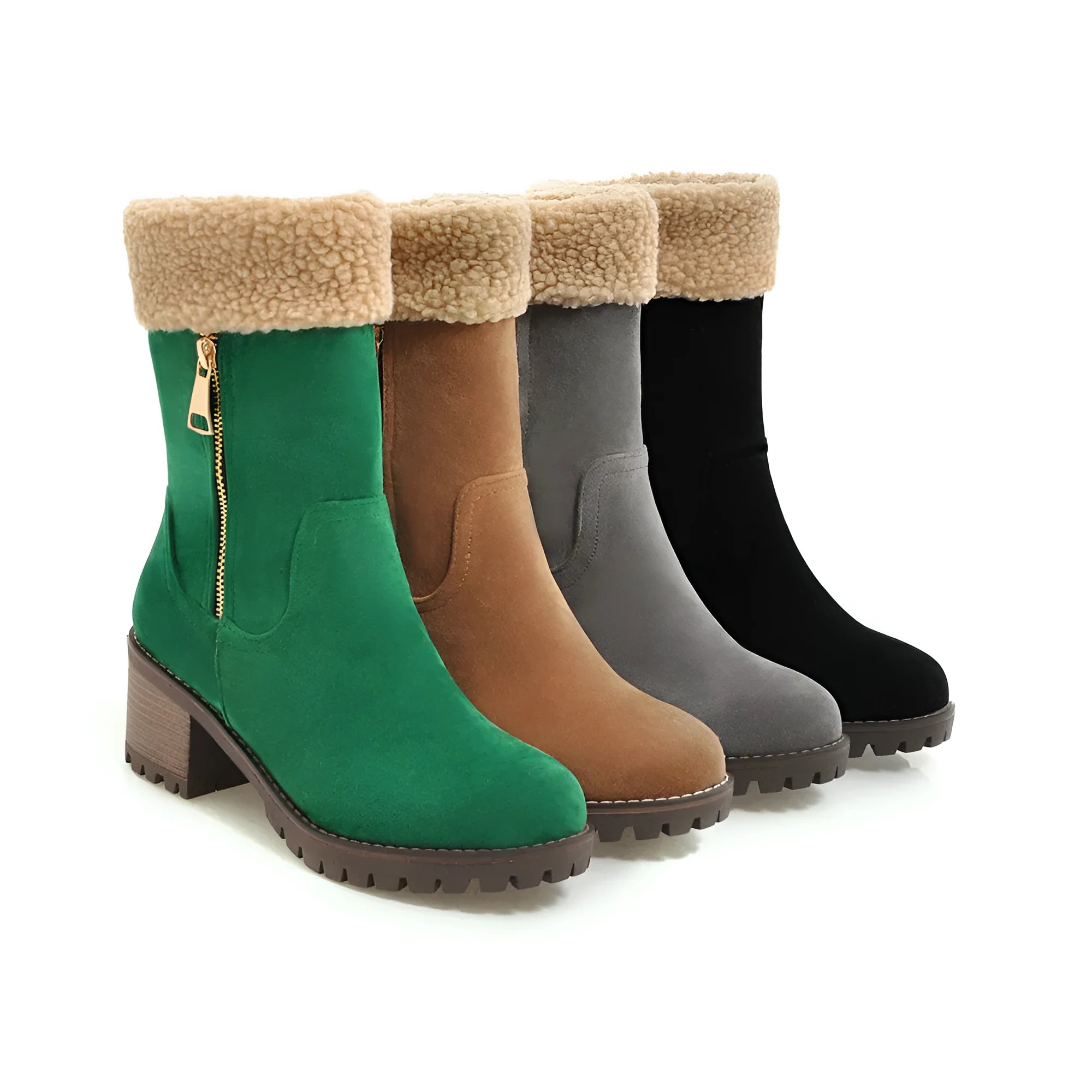 Snow boots with plush lining and rubber soles in black, grey, green, or orange colours