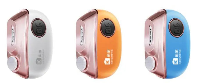 Blue, orange and white electric nail clipper and polisher two-in-one device with USB Type-C cable and cleaning brush.
