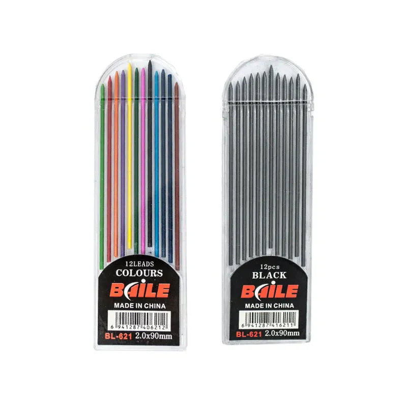 12-pack of 2.0mm automatic lead refills in black and multicolour, PP material, for student drawing and writing