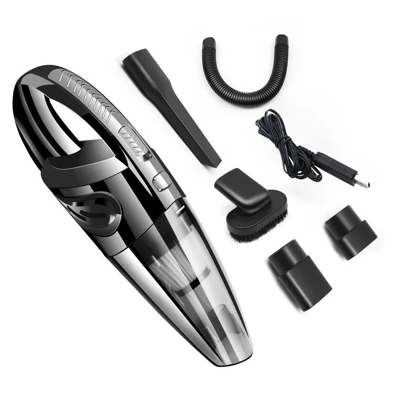 Black portable rechargeable car vacuum cleaner with 120W motor and 2200mAh lithium battery on a white surface