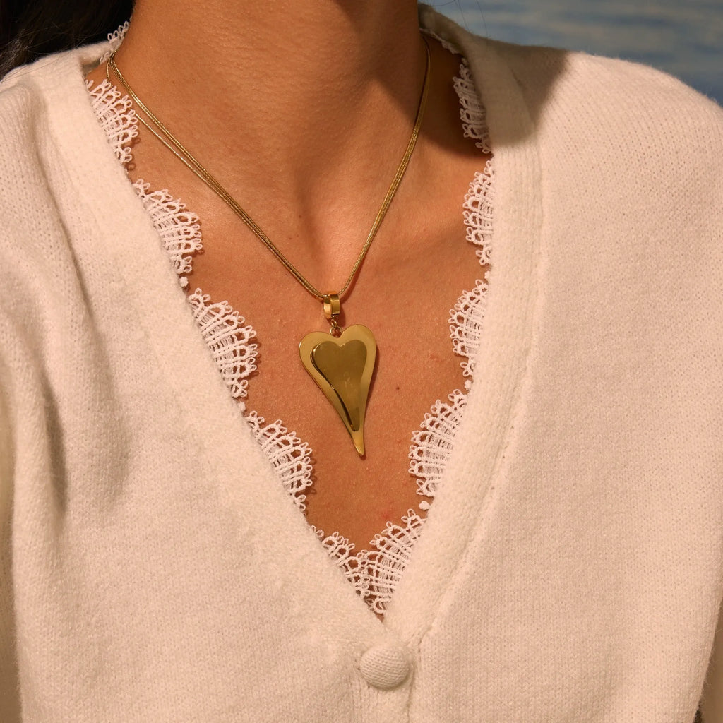 Stainless steel double heart snake bones chain necklace with geometric pendant in gold or steel colour
