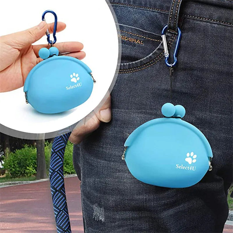 Silicone dog training treat pouch with hook and loop closure in blue colour