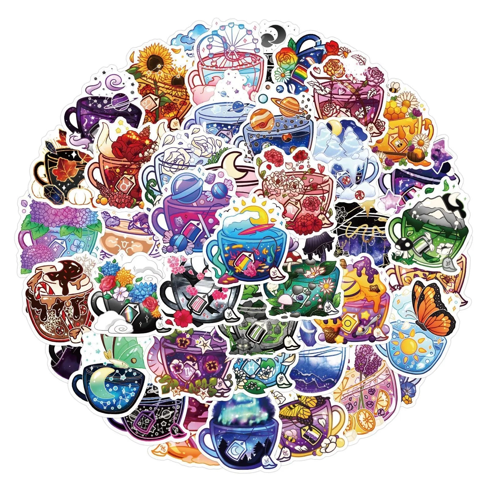 Colourful tea cup graffiti stickers in Nordic style design, 50-piece waterproof pack