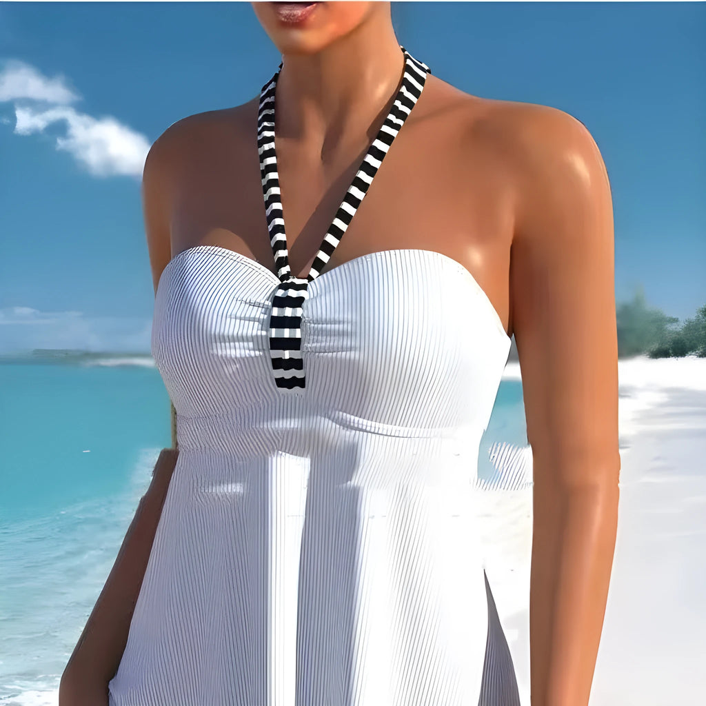 Women's solid colour black and white striped off-shoulder swimsuit in briefs style.