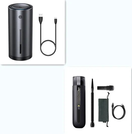 Starry Sky Black wireless handheld car vacuum cleaner with blowing hose on a car seat