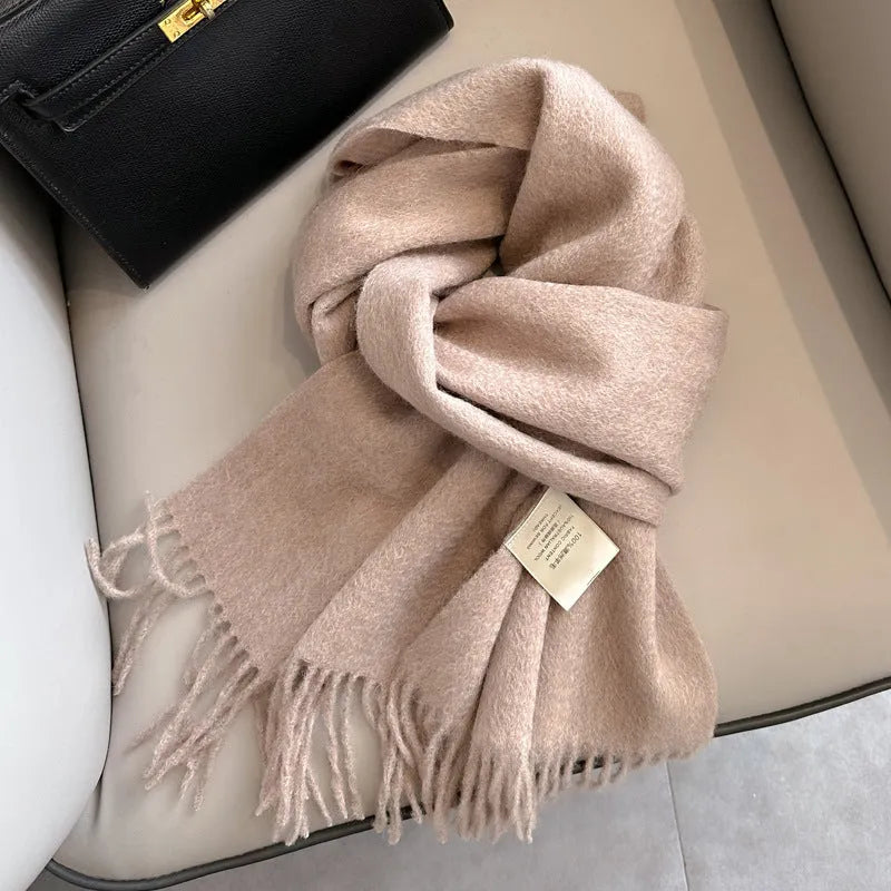 Pure wool mid-length narrow scarf with tassel detailing in beige, 180x32 cm, laid flat