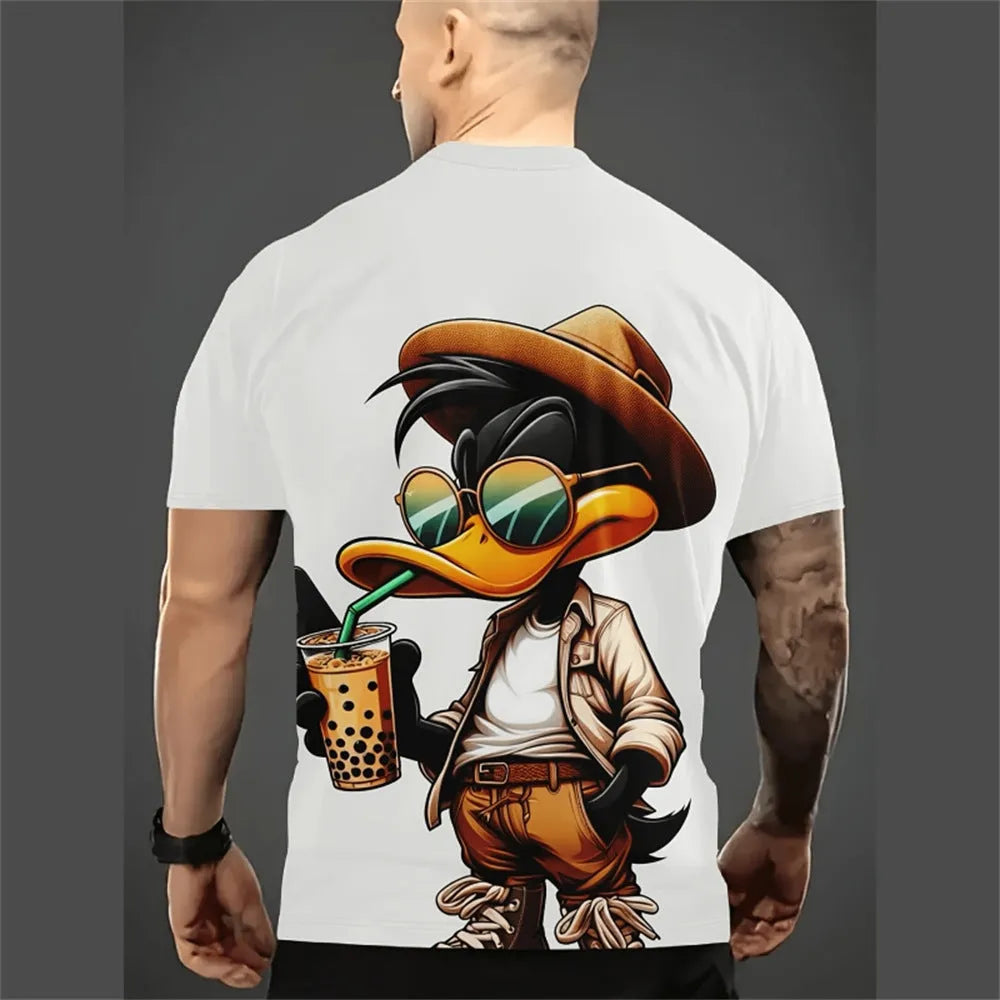 Men's loose fit short sleeve shirt with 3D cartoon print in milk silk and linen fabric