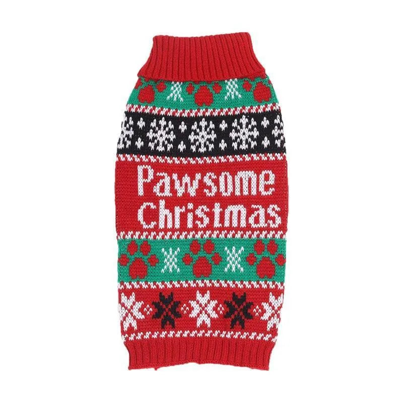 Red high-necked acrylic dog sweater on a pet, sizes XS to XL