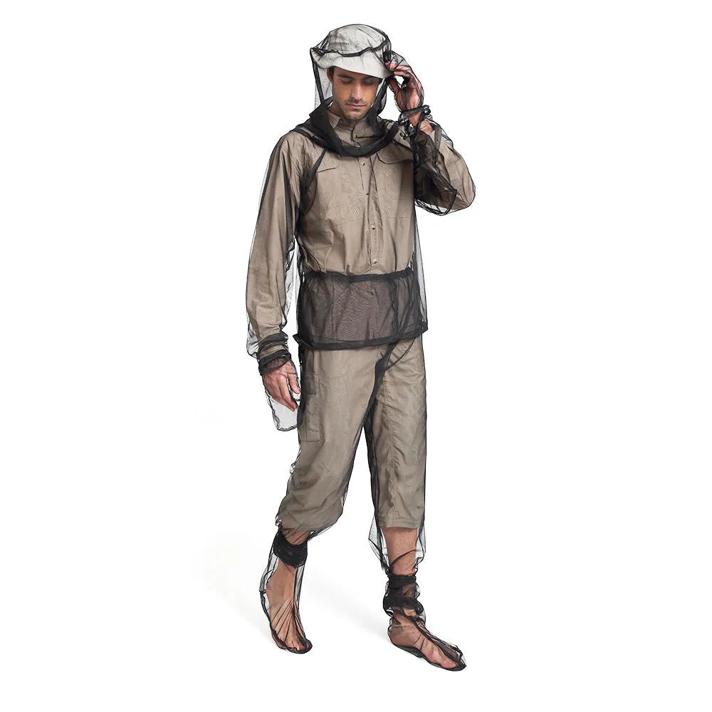 Four-piece mosquito-proof suit set showing hooded jacket, pants, and booties in breathable mesh fabric