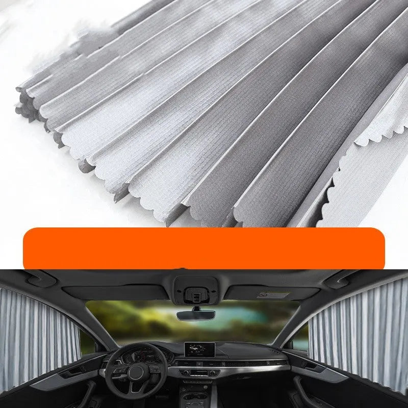 Auto retractable car sunshade in black colour showing roller shutter mechanism