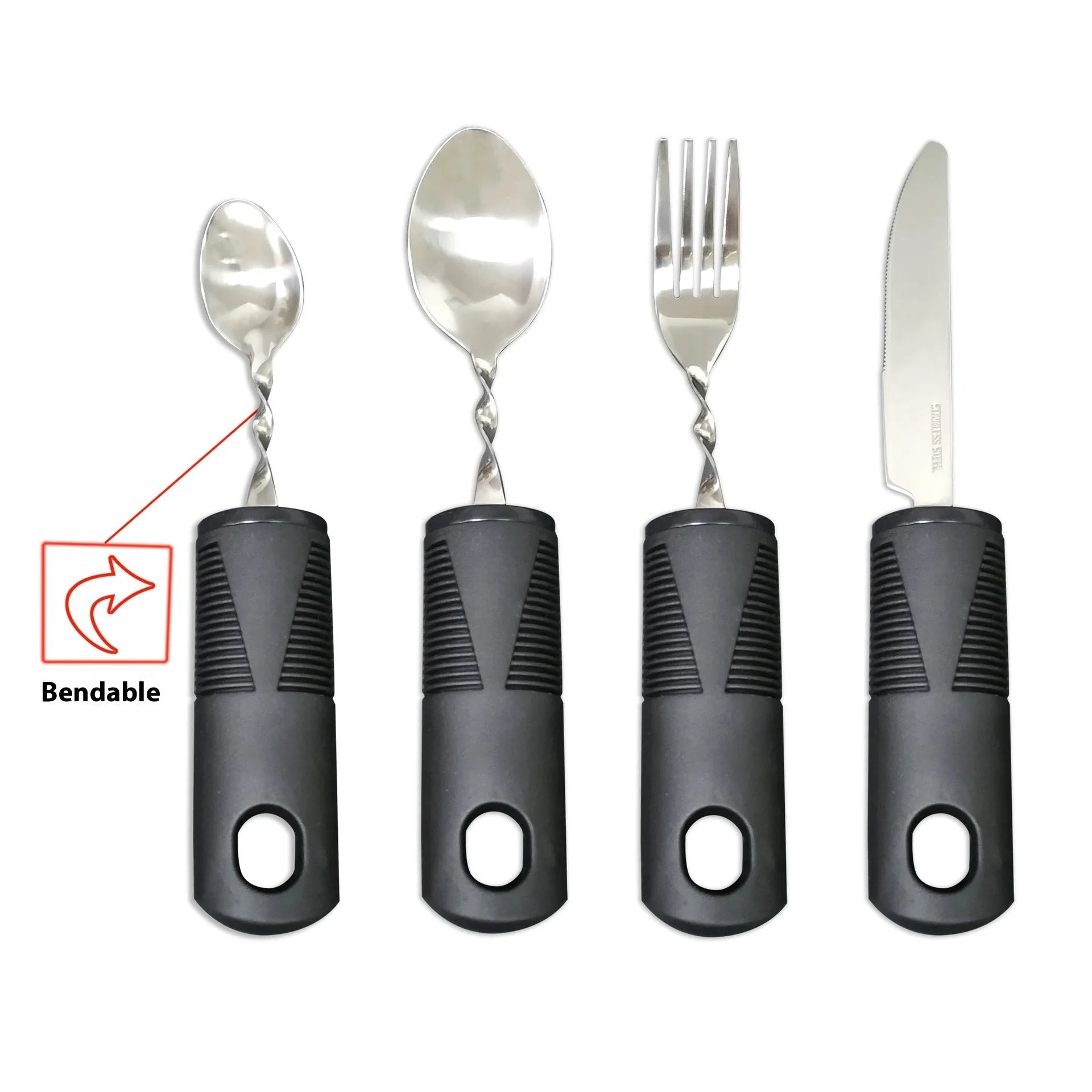 Stainless steel anti-shake cutlery set with rubber handles for adult mealtime assistance