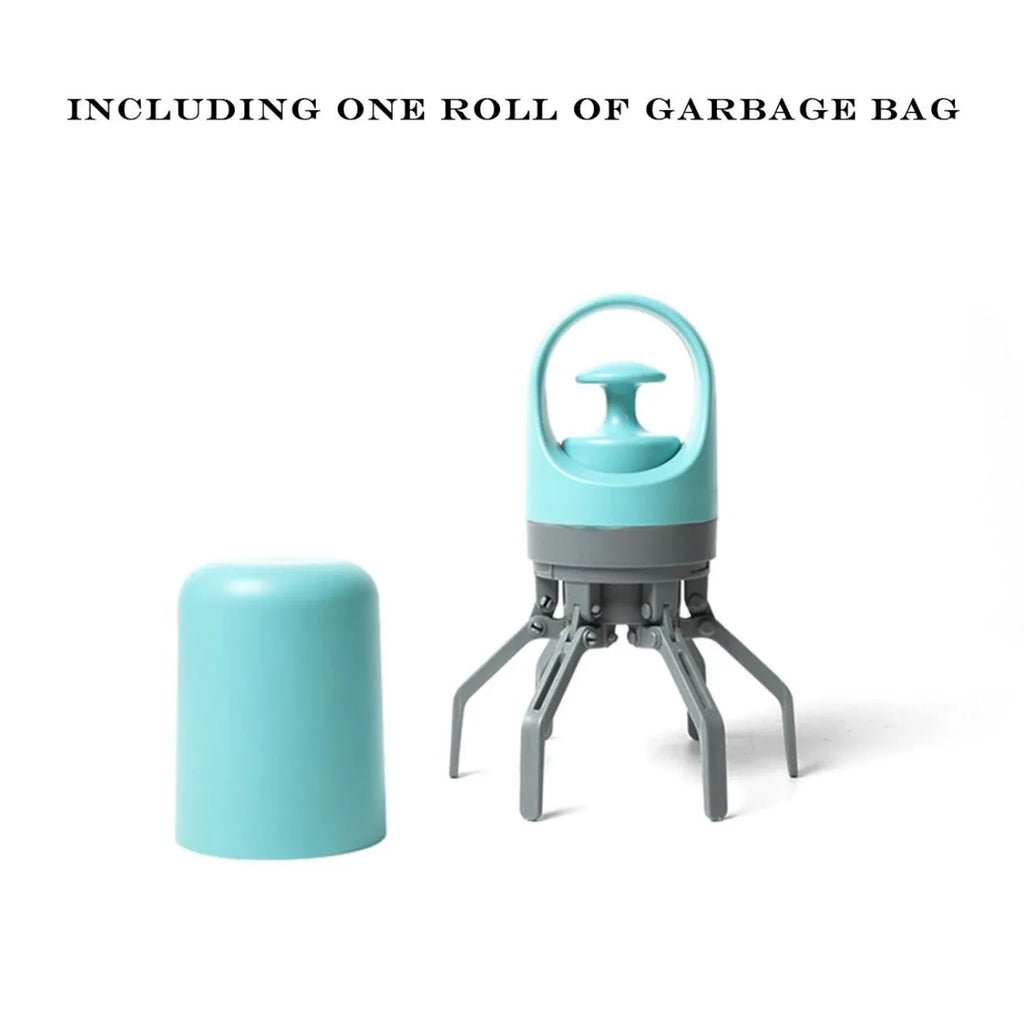 Blue ABS plastic pet pooper scooper with claw mechanism and included garbage bag roll