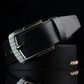 Men's black imitation leather belt with threading pattern and a silver alloy pin buckle.