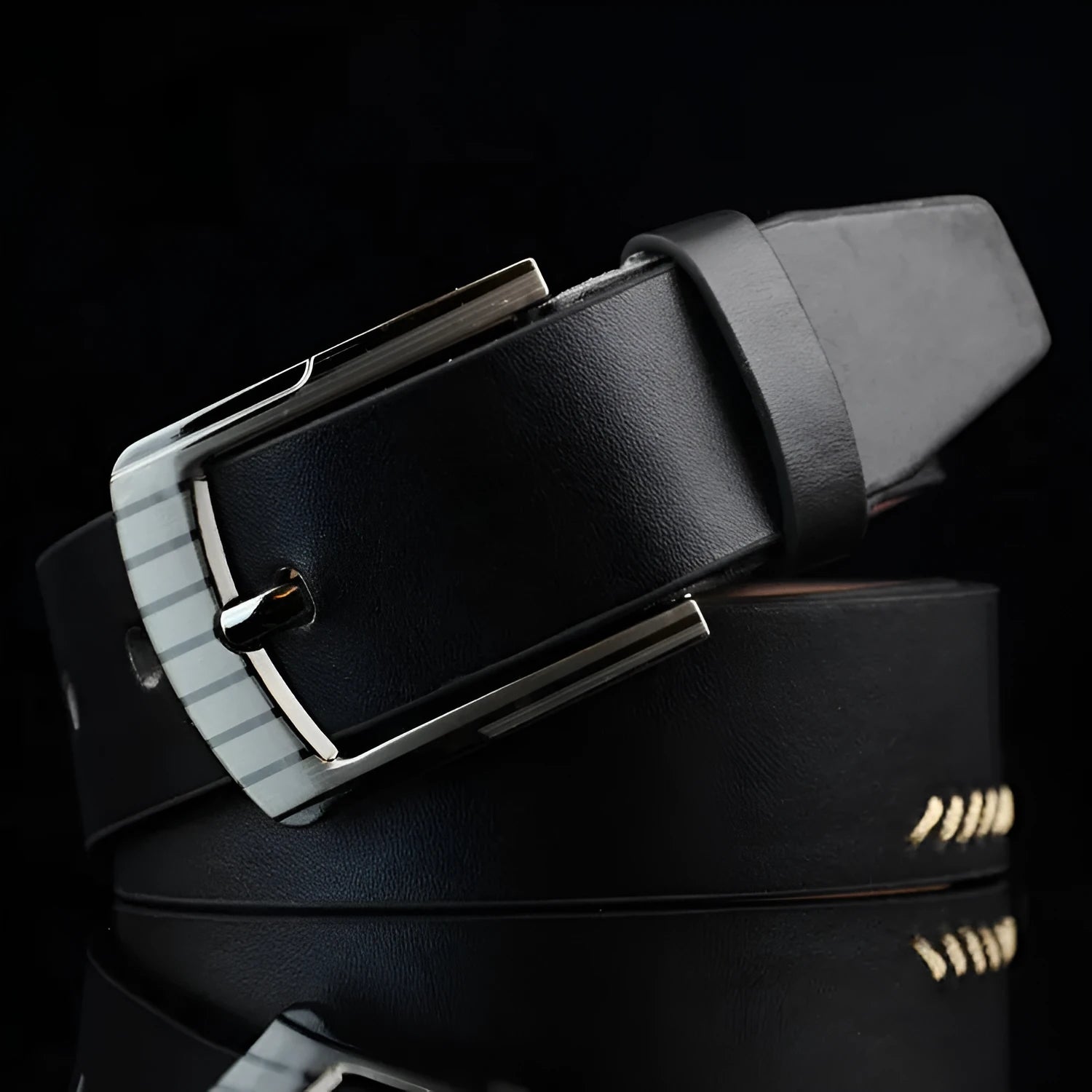 Men's black imitation leather belt with threading pattern and a silver alloy pin buckle.
